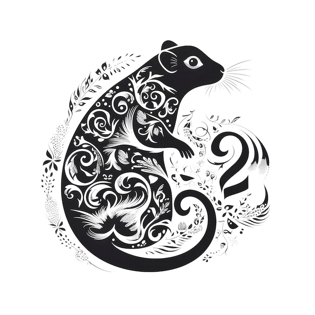 Ornate Rat Icon Portrait Mouse Izolowany chiński horoskop Minimalny symbol szczura na białym tle Generatywna ilustracja AI