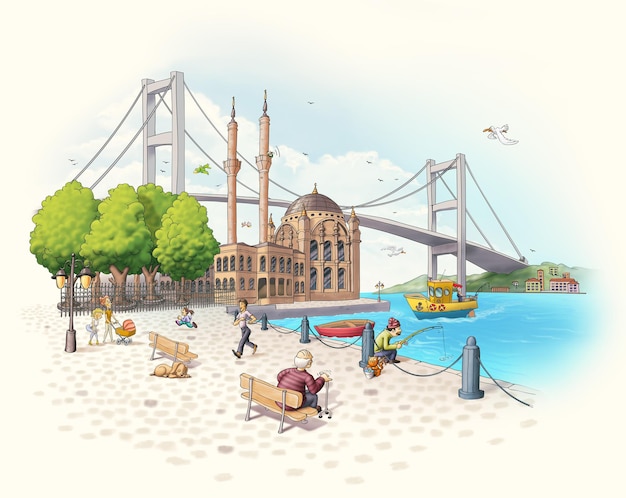Ortakoy Bosphorus Bridge turcja stambuł historyczne miejsca starożytne miasto kreskówka turystyczna