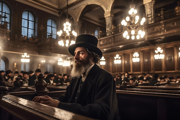 Zdjęcie ortodoksyjny żyd czyta modlitwy w świątyni wygenerowana sztuczna inteligencja sieci neuronowej