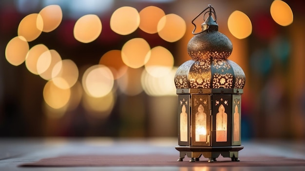 Oryginalna tradycyjna ozdobna orientalna latarnia z pięknym bokeh świątecznych świateł i meczetu