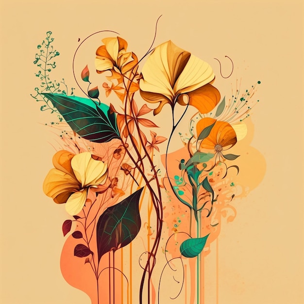 Oryginalny kwiatowy wzór z egzotycznymi kwiatami i liśćmi zwrotnika Kolorowe kwiaty na pomarańczowym tle