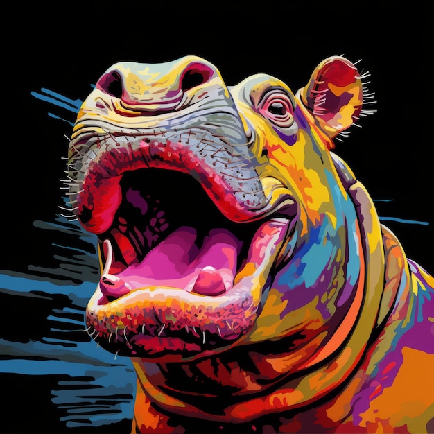 Oryginalny ręcznie malowany Lg Hippo Art Print w stylu Popart