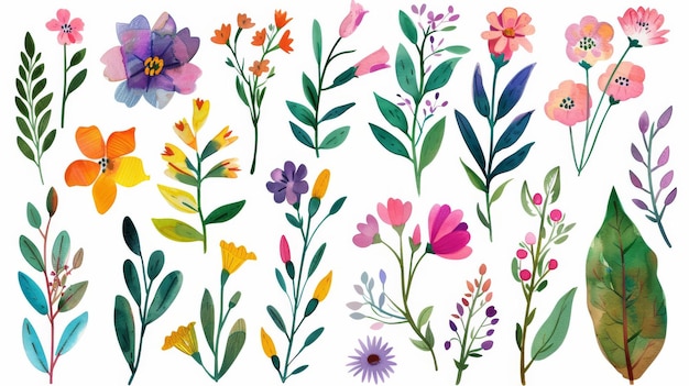 Oryginalny zestaw kwiatowy to nowoczesna ilustracja liści, kwiatów i rysunków akwarelowych. Może być używany do zaproszeń, kart ślubnych lub innych kart dowolnego rodzaju.