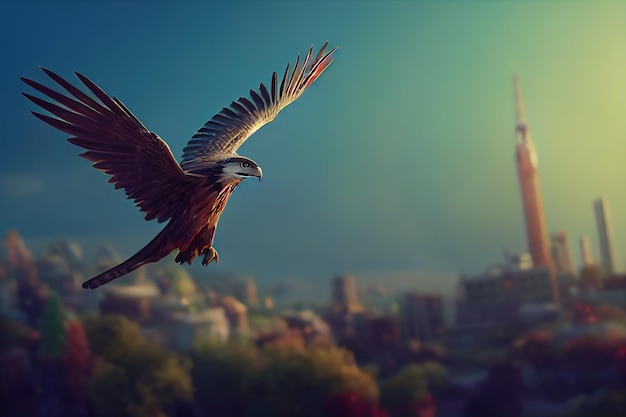 orzeł górski leci na błękitnym niebie z dużymi skrzydłami na tle miasta ilustracja 3d