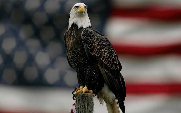 Orzeł łysy siedzący na szczycie amerykańskiej flagi