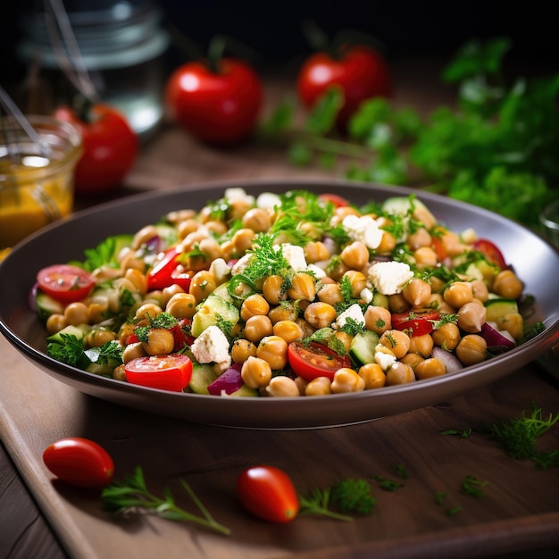 Zdjęcie orzeźwiająca i zdrowa śródziemnomorska sałatka z ciecierzycy z warzywami