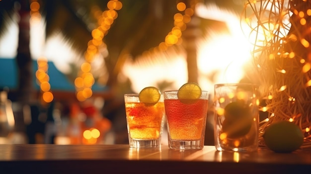 Orzeźwiające koktajle alkoholowe z miętą lodową i owocami na barze w zbliżeniu do morza Sunset Party