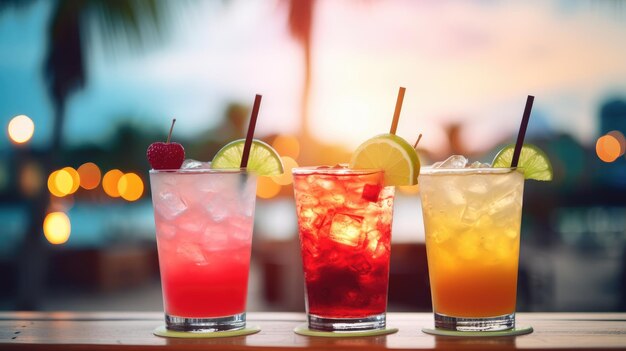 Orzeźwiające koktajle alkoholowe z miętą lodową i owocami na pasku widok zbliżenie Impreza na plaży Czas letni