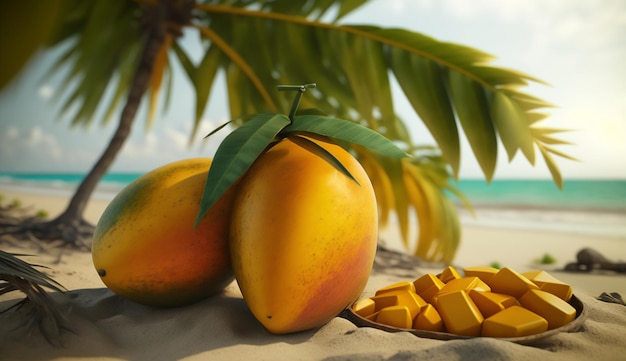 Orzeźwiające mango na tropikalnej plaży Generative AI