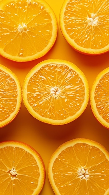 Orzeźwiające plasterki pomarańczy z cytrusami na żywym żółtym tle Pionowa tapeta mobilna