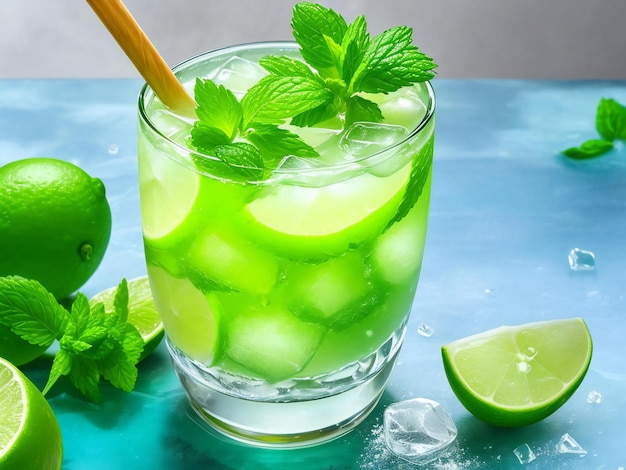 Orzeźwiający koktajl mojito z limonkową miętą i kostkami lodu wygenerowany przez ai