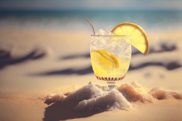 Orzeźwiający koktajl z plasterkiem cytryny na piasku na plaży Ilustracja generatywna AI