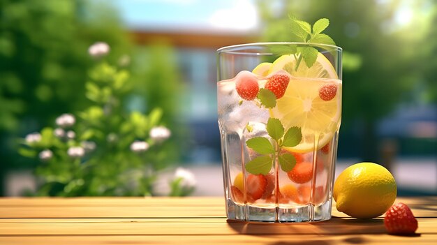 Orzeźwiający letni napój z owocami i lodem w szklance na stole Stock im