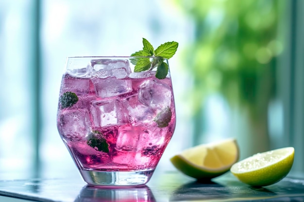 Orzeźwiający smak fioletowej szklanki ginu z tonikiem przyozdobionej lodem AI Generated