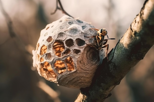 Osa siedzi na gałęzi z gniazdem wykonanym z pszczół.
