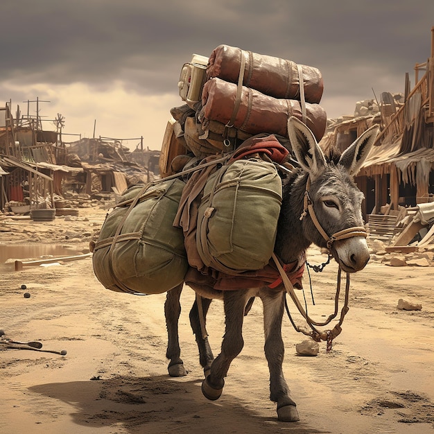 Osioł niesie ciężkie torby na obszarze wojennym