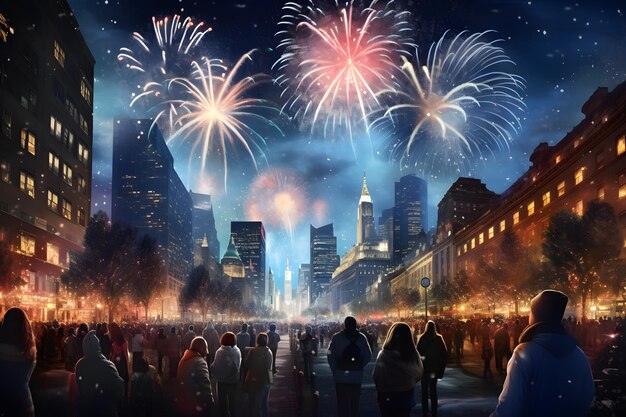 Oślepiająca noworoczna ekstrawagancja krajobraz miejski błogosławieństwo z fajerwerkami HDR