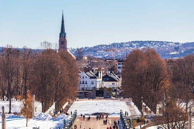 Oslo miasto linia horyzontu od Vigeland parka w zima sezonie Norwegia