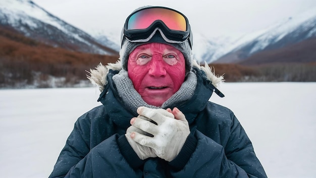 Ośmieszony zamarznięty człowiek z czerwoną twarzą drży od zimna objął się, aby poczuć ciepło spojrzenia bugged e