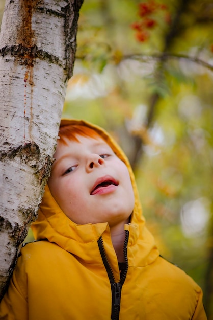 Ośmioletni rudowłosy chłopiec w żółtej kurtce w jesiennym lesie