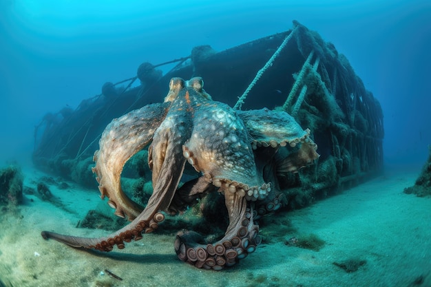 Ośmiornica kraken używa obu macek, owijając się wokół wraku statku