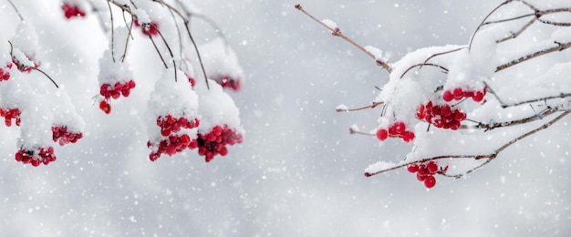 Ośnieżone czerwone jagody kaliny na drzewie podczas opadów śniegu