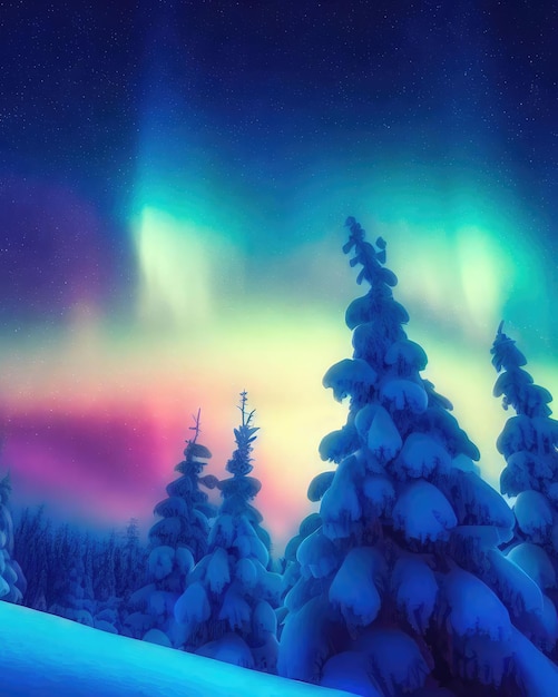 Ośnieżone drzewa pod pięknym nocnym niebem z kolorową zorzą polarną