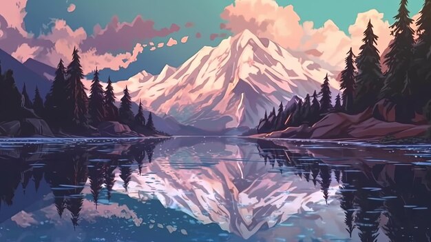 Ośnieżone góry odzwierciedlone w jeziorze Koncepcja fantasy Malarstwo ilustracyjne