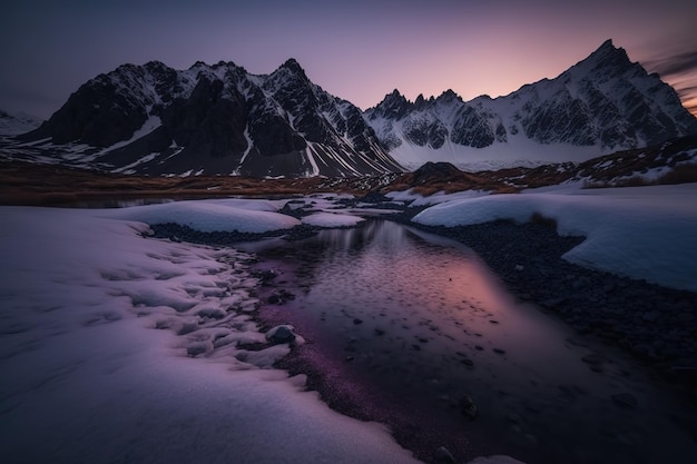 Ośnieżone pasma górskie Górskie jezioro z blokami lodu pod wieczornym niebem Generacyjna sztuczna inteligencja