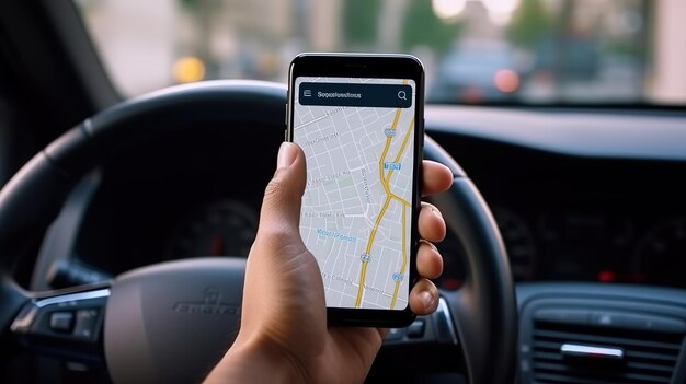 Zdjęcie osoba biznesowa korzystająca ze smartfona mobilnego sprawdzająca lokalizację adresu za pomocą aplikacji nawigacyjnej prowadzącej samochódgenerative ai