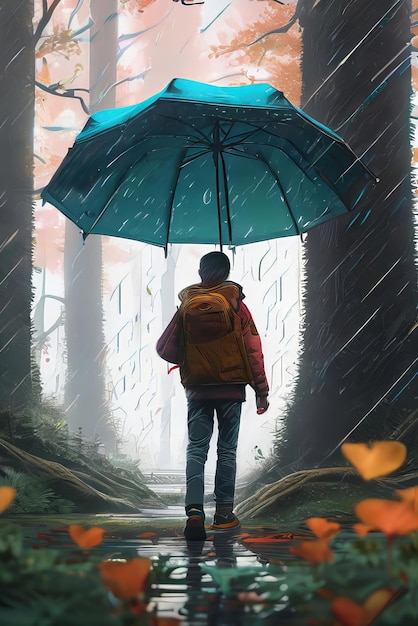 Zdjęcie osoba chodzi w deszczu z niebieską parasolką
