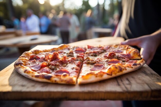 Osoba ciesząca się kawałkiem pizzy mięsnej na festiwalu muzycznym na świeżym powietrzu