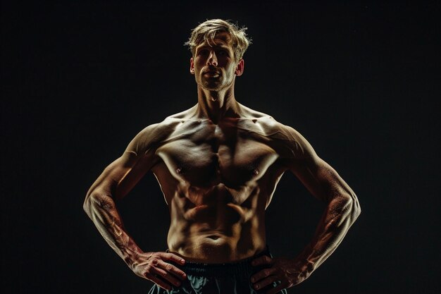 Zdjęcie osoba ćwicząca w siłowni ubrania silne mięśnie z rękami na talii
