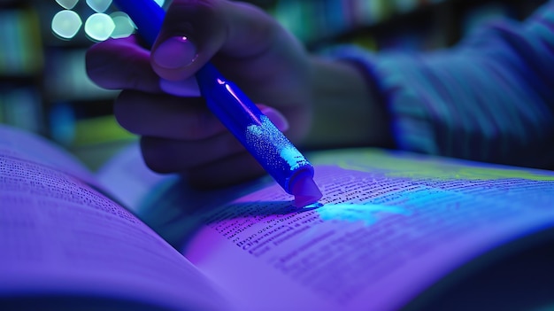 Zdjęcie osoba czyta książkę z długopisem w ręku