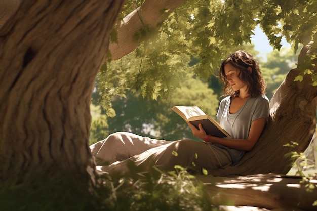 Osoba czytająca książkę w cieniu drzewa 0096 02