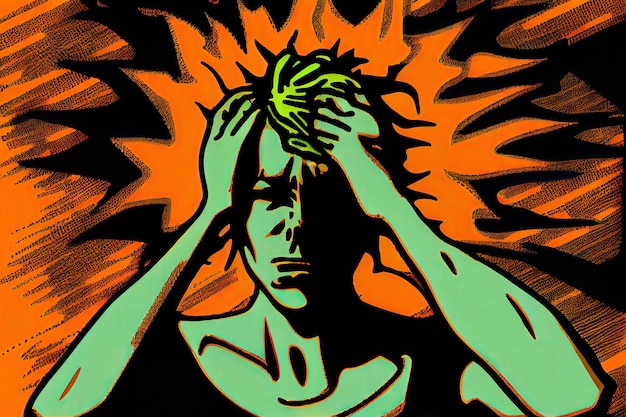 Osoba dotykająca głowy i wykazująca oznaki bólu głowy z powodu zaburzeń psychicznych utworzonych za pomocą generatywnej ai