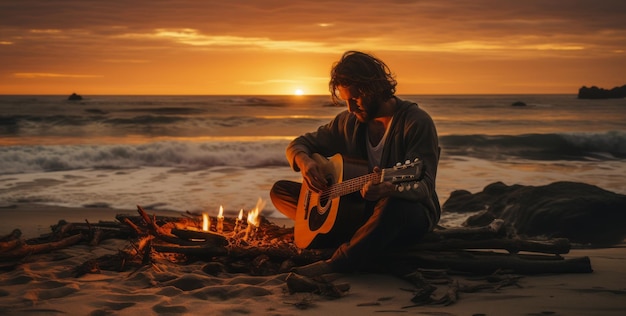 Osoba gra na gitarze przy ognisku o zachodzie słońca na plaży