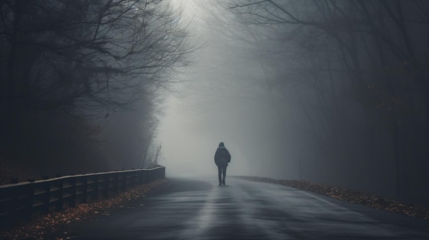 Osoba idąca drogą we mgle