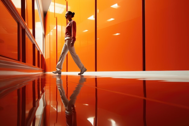 Osoba idąca korytarzem z pomarańczowymi ścianami Generative AI