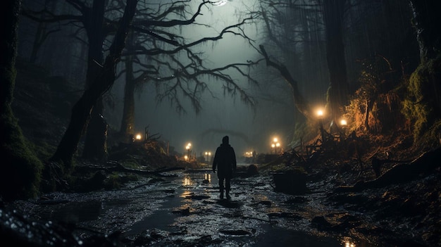Osoba idąca nocą po drewnianym moście w ciemnym, strasznym lesie