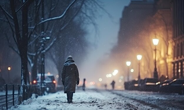 Osoba idąca po śnieżnej ulicy w nocy