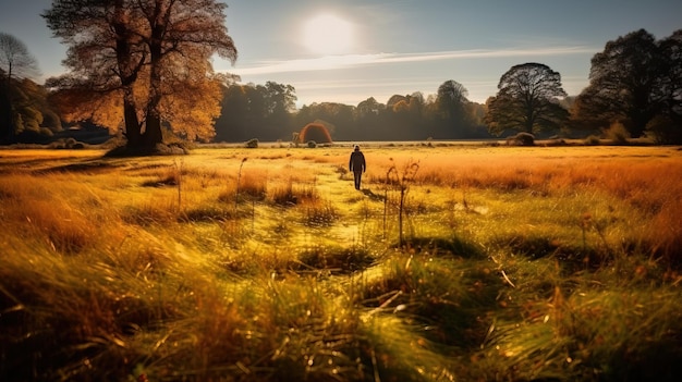 Osoba idąca przez pole, za którą zachodzi słońce