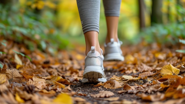 Zdjęcie osoba idąca ścieżką pokrytą liśćmi