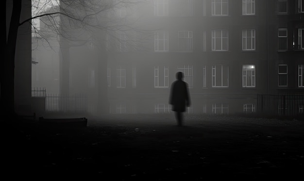 Osoba idąca ulicą w mgle