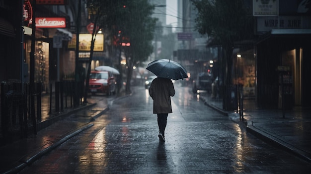 Osoba idąca ulicą z parasolem