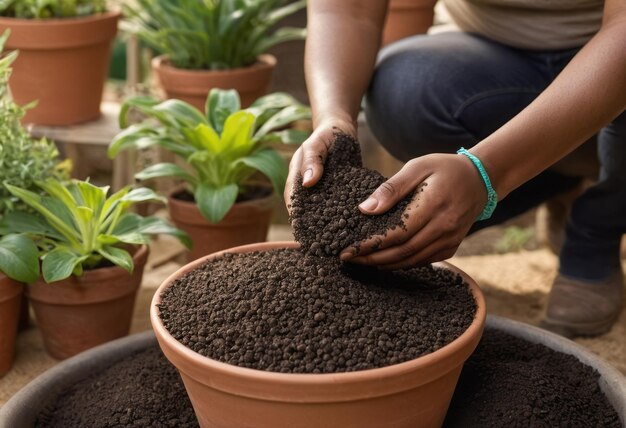 Osoba jest zajęta sadzeniem roślin w ogrodzie, skupiając się na glebie i zdrowiu roślin.