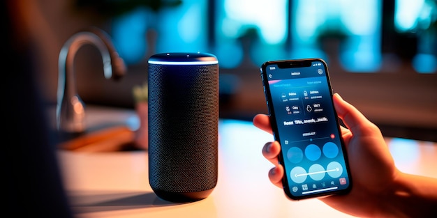 osoba korzystająca z poleceń głosowych do sterowania inteligentnymi urządzeniami domowymi Koncepcja Voice Assistant at Home