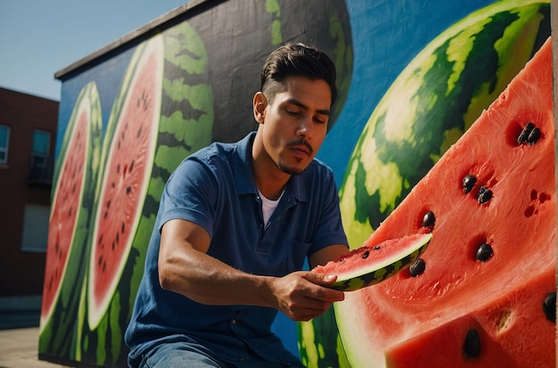 Osoba malująca mural o tematyce arbuza na ścianie