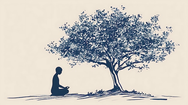 Osoba medytująca pod drzewem Osoba siedząca w pozycji skrzyżowanych nóg z zamkniętymi oczami Drzewo jest duże i ma wiele gałęzi