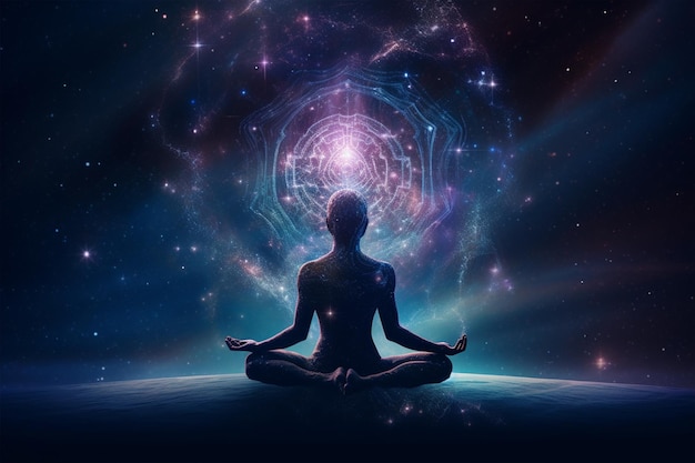 Osoba medytująca przed galaktyką i słowa „medytacja”